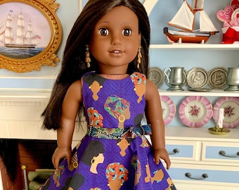 Black History Month "Beautiful Faces" Day-to-Evening Gown w. Wide Circular Skirt & Removable Belt; for all AG Dolls, Melody-Gabriela-Sonali