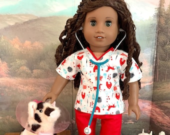 Country-Themed Scrubs "All God's Creatures" & a new Kira's Wildlife Care Stethoscope for American Girl Dolls; 4-piece vet scrubs set