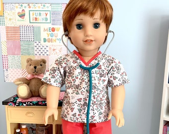 Teddy Bear Scrubs "In Beary Good Health" & a new Kira's Wildlife Care Stethoscope for American Girl Dolls; Pediatric/Veterinary 4-piece set