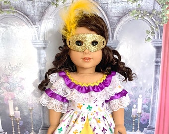 Mardi Gras "Colors of Carnival" Ball Gown & Masquerade Mask for all American Girl Dolls, esp. Felicity, Caroline, Josefina, Marie-Grace