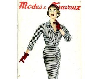 Modes & Travaux, Vintage fall French fashion magazine with a coat pattern,1955 spring fashion news