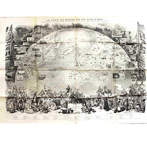 19e eeuw grote antieke Franse poster wereldverkenning (1876), Around the World in een knipoog, 75 x 110 cm, antieke woondecoratie, muurdecoratie