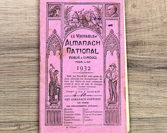 Vintage französischer Bauernalmanach, Jahr 1932, berät, Bauernmessen und -märkte, Frankreich, Werbung, Sammlerstück, Mischtechnik