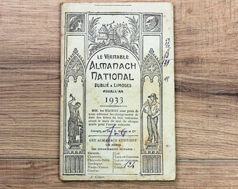 Vintage französischer Bauernalmanach, Jahr 1933, berät, Bauernmessen und -märkte, Frankreich, Werbung, Sammlerstück, Mischtechnik