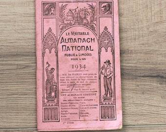 Vintage französischer Bauernalmanach, Jahr 1934, berät, Bauernmessen und -märkte, Frankreich, Werbung, Sammlerstück, Mischtechnik