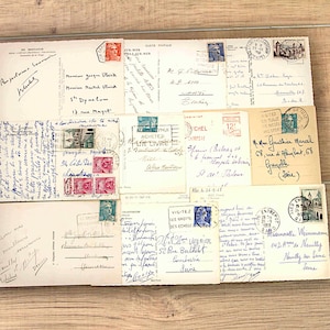 Vintage French postcards, postage stamps and cancellations (1940-50s), set of 10 cards, art works, journaling, scrapbooking,ephemera.