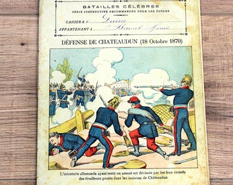 1890s antikes und einzigartiges französisches Schulübungsbuch mit patriotischer Cover-Illustration und handgeschriebener Kalligraphie.
