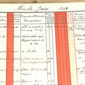 May include: A vintage paper ledger page titled Mois de Juin 1930 with handwritten French medical records. The document features a grid layout with columns for dates, names, order numbers, medical preparations, and patient addresses in black ink.