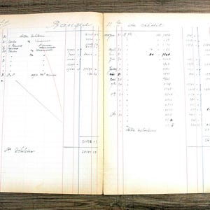 May include: An open vintage accounting ledger with two pages of handwritten financial records in black ink. The paper is off-white with printed red and blue vertical columns for organizing data, including headers like Banque and No de crédit.