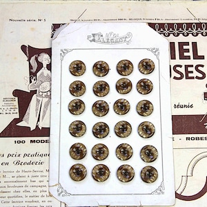 Cartão de botões marrom claro francês vintage dos anos 1950, conjunto de papelão com 24 botões de plástico não utilizados, 1,6 cm, 0,6 ", França, material de costura