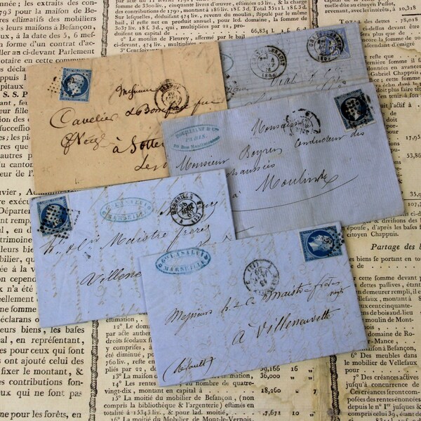 Antique French folded letters (1850 - 60s), set of 5 with post stamps and cancellations, handwritten commercial correspondence