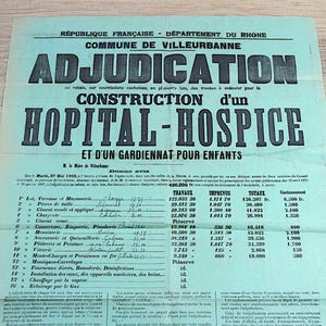 Manifesto d'asta francese antico del 1900 per la costruzione di un ospedale e di un ospizio, documento originale verde, Francia, progetti su carta.
