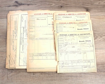 1900s antique French bundles of 25  railway delivery notes, sets of handwritten goods receipts, France, yellowish old paper, mixed media