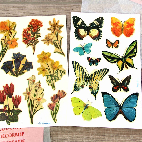 Década de 1960 hojas francesas vintage de flores y mariposas calcomanías de agua, conjunto de 2 páginas, Francia, scrapbooking, técnica mixta