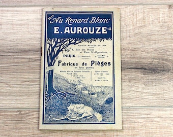 Catalogue français antiques de pièges à parasites et d'accessoires de chasse des années 1910, France, livre Au Renard Blanc, magasin légendaire toujours en activité.