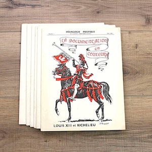 Dokumentacja szkolna francuskiej historii z lat 50. XX wieku, zestaw 6 ulotek, każda z 7 kolorowymi ilustracjami, od czasów rzymskich do średniowiecza