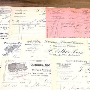 Facturas francesas antiguas de la década de 1910, conjunto de 10 documentos comerciales de 18,5 x 21 cm (7,25" x 8,5"), Francia, proyectos de papel, álbumes de recortes, técnicas mixtas.