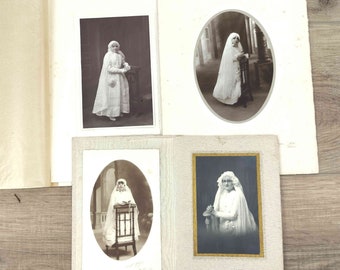 Ensemble français de 4 photos vintage des années 1930-40, portraits de jeunes filles faisant leur première communion.