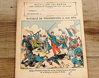 Cahier d'exercices scolaire français unique et ancien des années 1890 avec une illustration de couverture patriotique, la calligraphie manuscrite est incroyable.