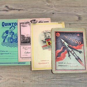 Cubiertas ilustradas para cuadernos escolares franceses de la década de 1950, juego de 4 cubiertas retro, publicidad, Francia, suministros para obras de arte, álbumes de recortes