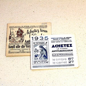 Stare francuskie etykiety kampanii przeciwgruźliczej z lat 30. XX w., zestaw 2 niekompletnych ulotek (1932 i 35) z różnymi reklamami, Francja,