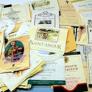étiquettes de vin français vintage (années 1990-2000), lots de 30 pièces différentes, principalement du vin de Bordeaux, objets de collection, éphémères, réservation de ferraille