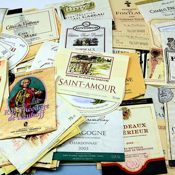 Vintage French wine labels (1990-2000s), bundles of 30 different pieces , collectible, ephemera, scrap booking, decoupage