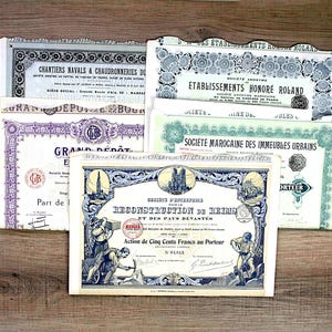 Set di 5 azioni al portatore illustrate di una società francese antica degli anni '20, azioni, Francia, tipografia, design antico, decorazioni per la casa, progetti di carta