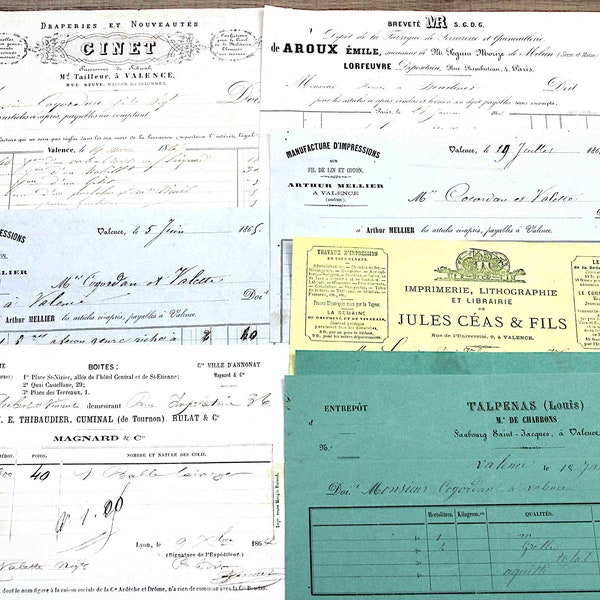 1800s antique French invoices, set of 8 commercial documents (1860s), France, letterheads, typography