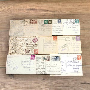 Postales antiguas francesas, sellos postales y cancelaciones (década de 1940-1950), juego de 10 tarjetas, obras de arte, diario, álbumes de recortes, efímeras.