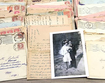 WWII French Love Letters Bundle: 14 Vintage Epistles, Wedding Photo