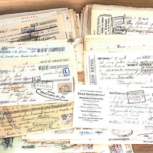 May include: A collection of vintage documents, including receipts, invoices, and letters, with handwritten text, stamps, and seals. The papers are aged with a yellowed appearance, suggesting historical significance. The documents are arranged in stacks, showcasing a variety of fonts and styles.