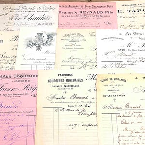Facturas francesas antiguas de la década de 1910, conjunto de 10 documentos comerciales de 18,5 x 21 cm (7,25" x 8,5"), Francia, proyectos de papel, álbumes de recortes, técnicas mixtas.