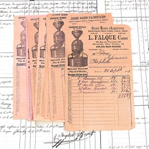 Facturas antiguas de tostadora de café francesa de la década de 1920, conjunto de 9 documentos originales de color marrón claro, Francia, efímeras de scrapbooking, obras de arte, collage
