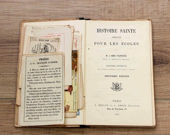 Antique French  illustrated catechism, bible school book (1910s) with holy images, illustrated book for the youth, religious reference book