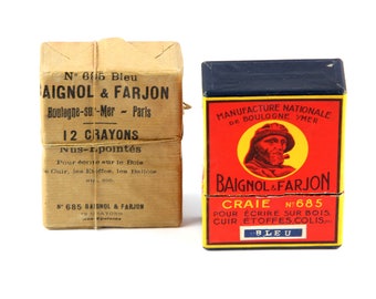 Vintage blue crayon box, original and unused set of 12 chalk pencils for wood, leather, fabric, packaging, . . drawing