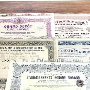Set di 5 azioni al portatore illustrate di una società francese antica degli anni '20, azioni, Francia, tipografia, design antico, decorazioni per la casa, progetti di carta