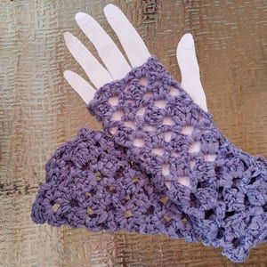 May include: A pair of lavender crocheted fingerless gloves with a lacy pattern.