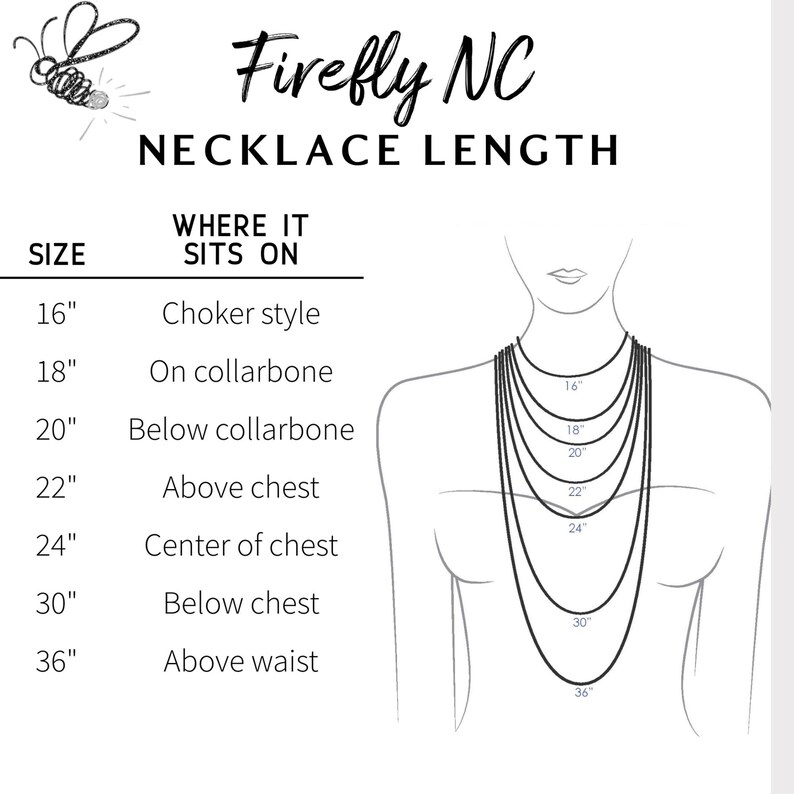 K&ouml;nnte beinhalten: Diagramm, das Halskettenl&auml;ngen zeigt, mit einer Frauensilhouette, die Halsketten in verschiedenen L&auml;ngen tr&auml;gt. Der Text lautet "Firefly NC NECKLACE LENGTH" und listet Gr&ouml;&szlig;en von 40.6 cm bis 91.4 cm auf, mit Beschreibungen wie "Choker-Stil" und "&Uuml;ber der Taille".