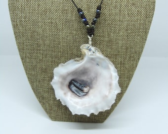 Natural Oyster Shell Pendant, Boho Chic, Leather Necklace, Czech Glass Beads, Ocean Inspired Jewelry, It's a Southern Thang
