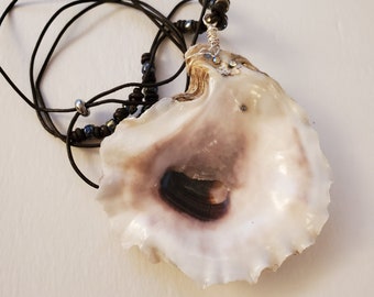 Natural Oyster Shell Pendant, Boho Chic, Leather Necklace, Czech Glass Beads, Ocean Inspired Jewelry, It's a Southern Thang