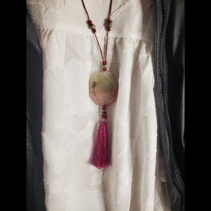 Faceted Agate Necklace: Green Pink Burgundy Stone, Leather Cord Tassel