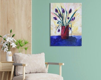 Home Decor Wall Art, original art Contemporary Canvas expressionistic palette knife Textured, Floral still life Purple Painting Title TULIPS