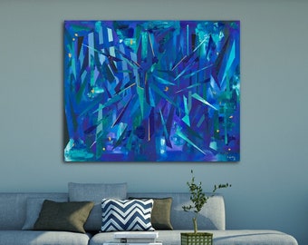 Art, Wall Art, Original Painting Acrylic Geometric Contemporary Home Decor Abstract  Modern Blue Gallery Canvas Title: CRYSTAL LATTICE