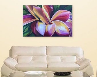 Art, Wall Art, Painting, Home Decor, Acrylic on Canvas, Contemporary, Floral, Plumeria, flower, Red, Petals, Decor  Title:  FRANGIPANI