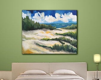 Original Art Wall Art Home decor Green Painting Sand & Sea Green Contemporary Landscape Seascape Acrylic on canvas Title: A Day at The Beach