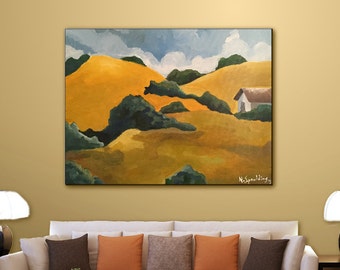 Original Fine Art, Hillside Landscape painting Wall Art Home Decor yellow & green Cottage  Acrylic on Canvas Title: Where the Gold Hills are