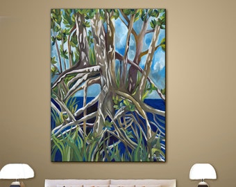 Art, Wall Art Painting, Contemporary Home Decor, Green & Blue Painting Tropical Plant life Acrylic on Canvas Gallery art Title: MANGROVES II