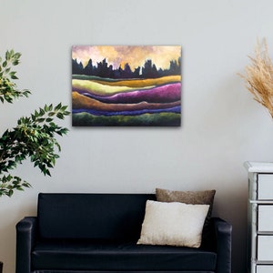 Contemporary Art, Abstract, Landscape,painting, Acrylic on Canvas , Home Decor, WallArt Purple Green, Blue, yellow TITLE: Undulating Fields image 1