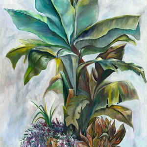 Wall art, Home Decor, Contemporary Painting, Still Life Giclee Canvas, Green painting, Green Yellow Banana Tree plants Title: Potted Bananas image 2